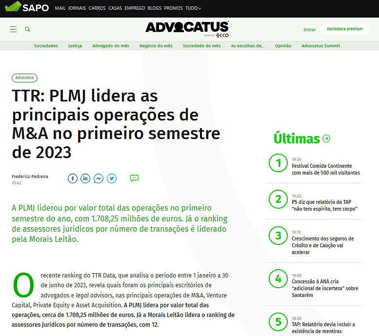 TTR: PLMJ lidera as principais operaes de M&A no primeiro semestre de 2023